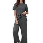 Willluxe® Women's 2-Piece Crew Neck Short Sleeve Casual Set – Soft Rayon Wide-Leg Pants Set