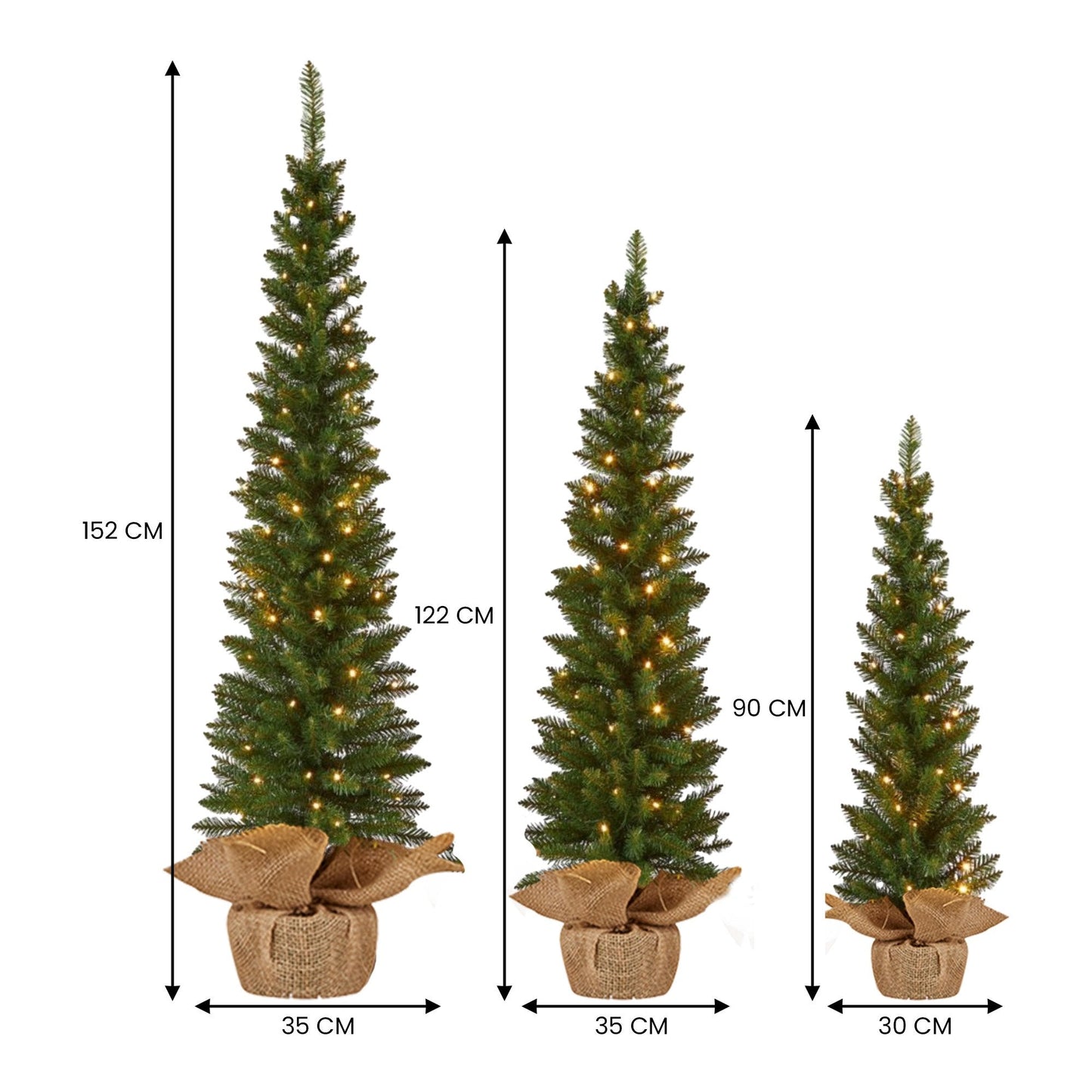 Christabelle Set of 3 Pre-Lit Christmas Trees Green Pine with LED Lights