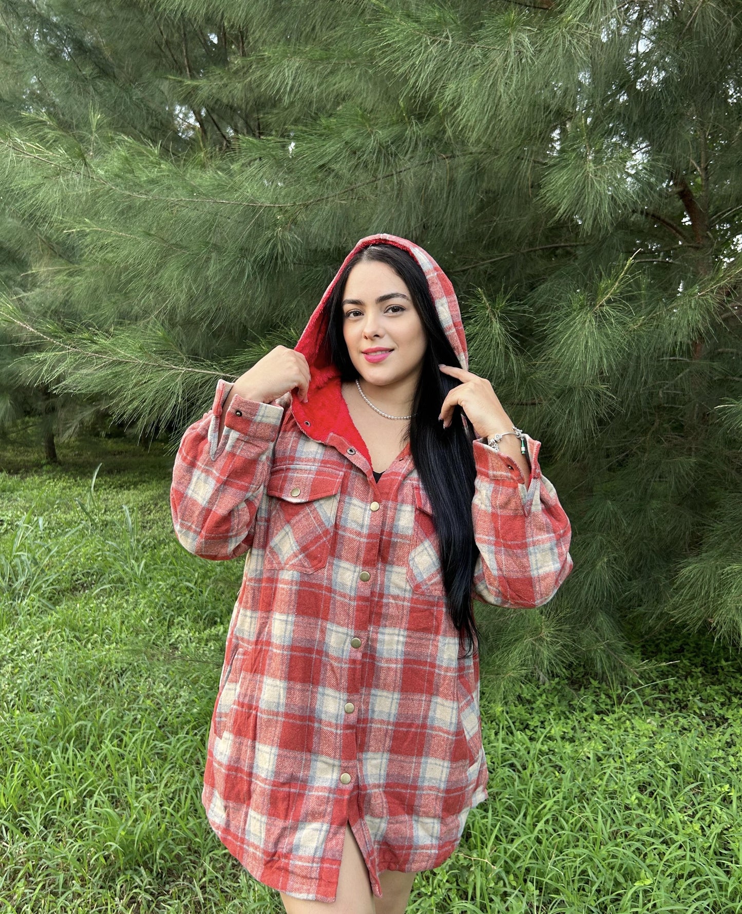 Plus Size Womens Flannel Plaid Shacket Long Sleeve Button Down Fleece Hooded Jacket Willluxe Store