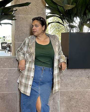 Plus Size Womens Flannel Plaid Shacket Long Sleeve Button Down Fleece Hooded Jacket Willluxe Store