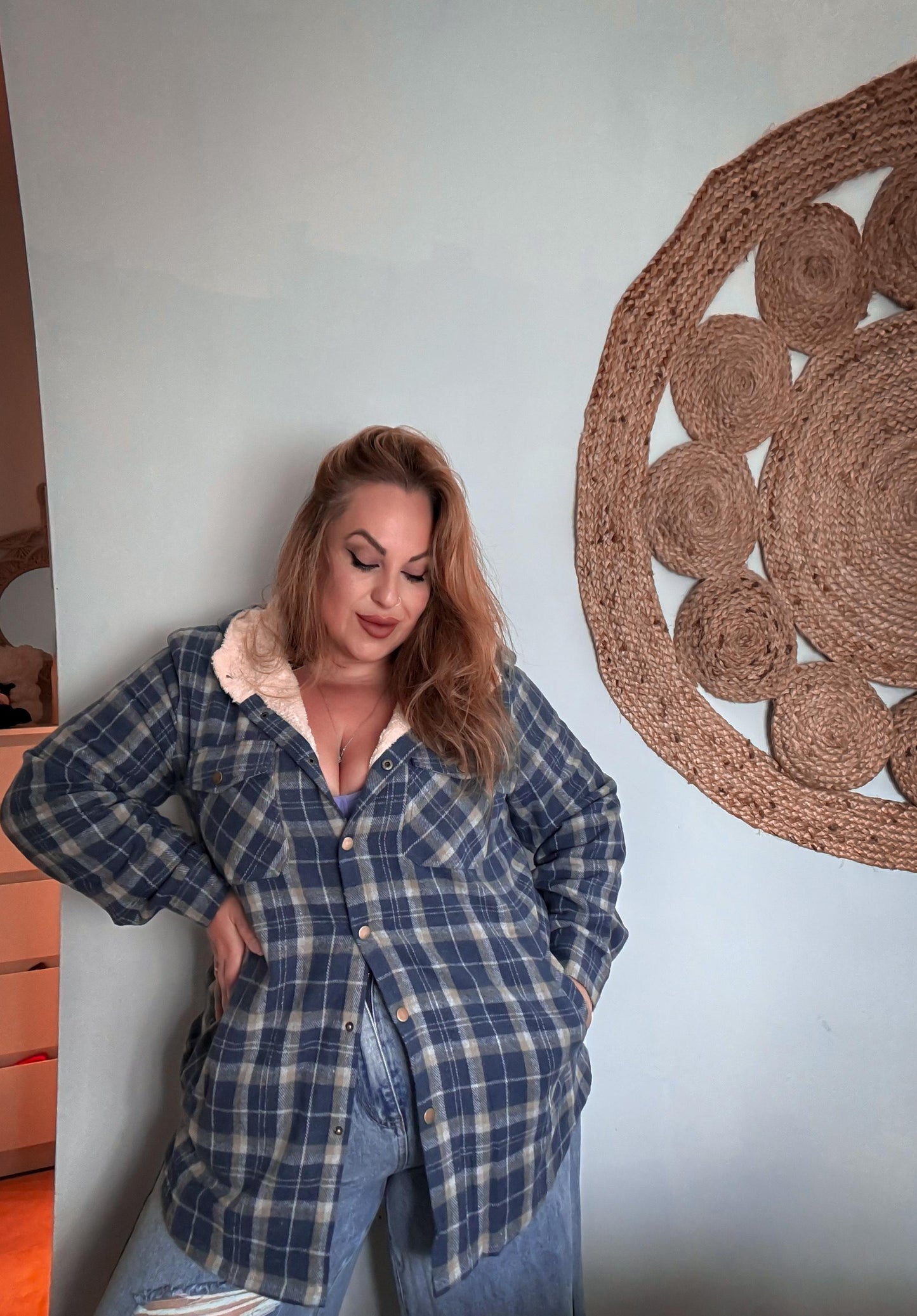 Plus Size Womens Flannel Plaid Shacket Long Sleeve Button Down Fleece Hooded Jacket Willluxe Store