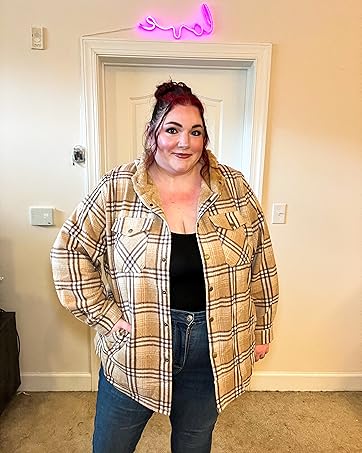 Plus Size Womens Flannel Plaid Shacket Long Sleeve Button Down Fleece Hooded Jacket Willluxe Store