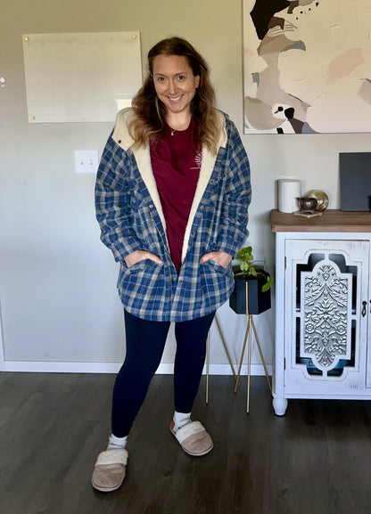 Plus Size Womens Flannel Plaid Shacket Long Sleeve Button Down Fleece Hooded Jacket Willluxe Store
