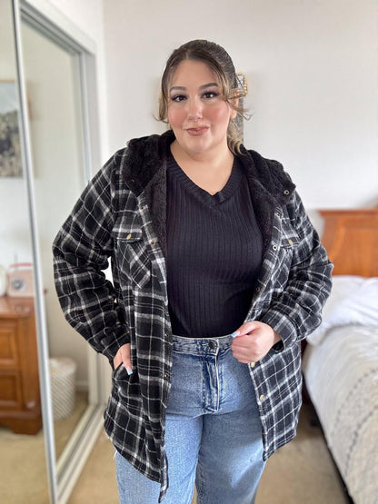 Plus Size Womens Flannel Plaid Shacket Long Sleeve Button Down Fleece Hooded Jacket Willluxe Store