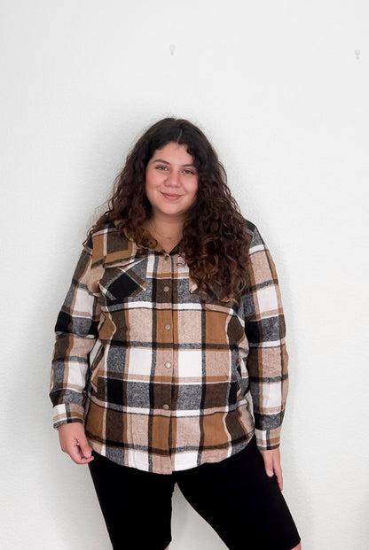 Plus Size Womens Flannel Plaid Shacket Long Sleeve Button Down Fleece Hooded Jacket Willluxe Store