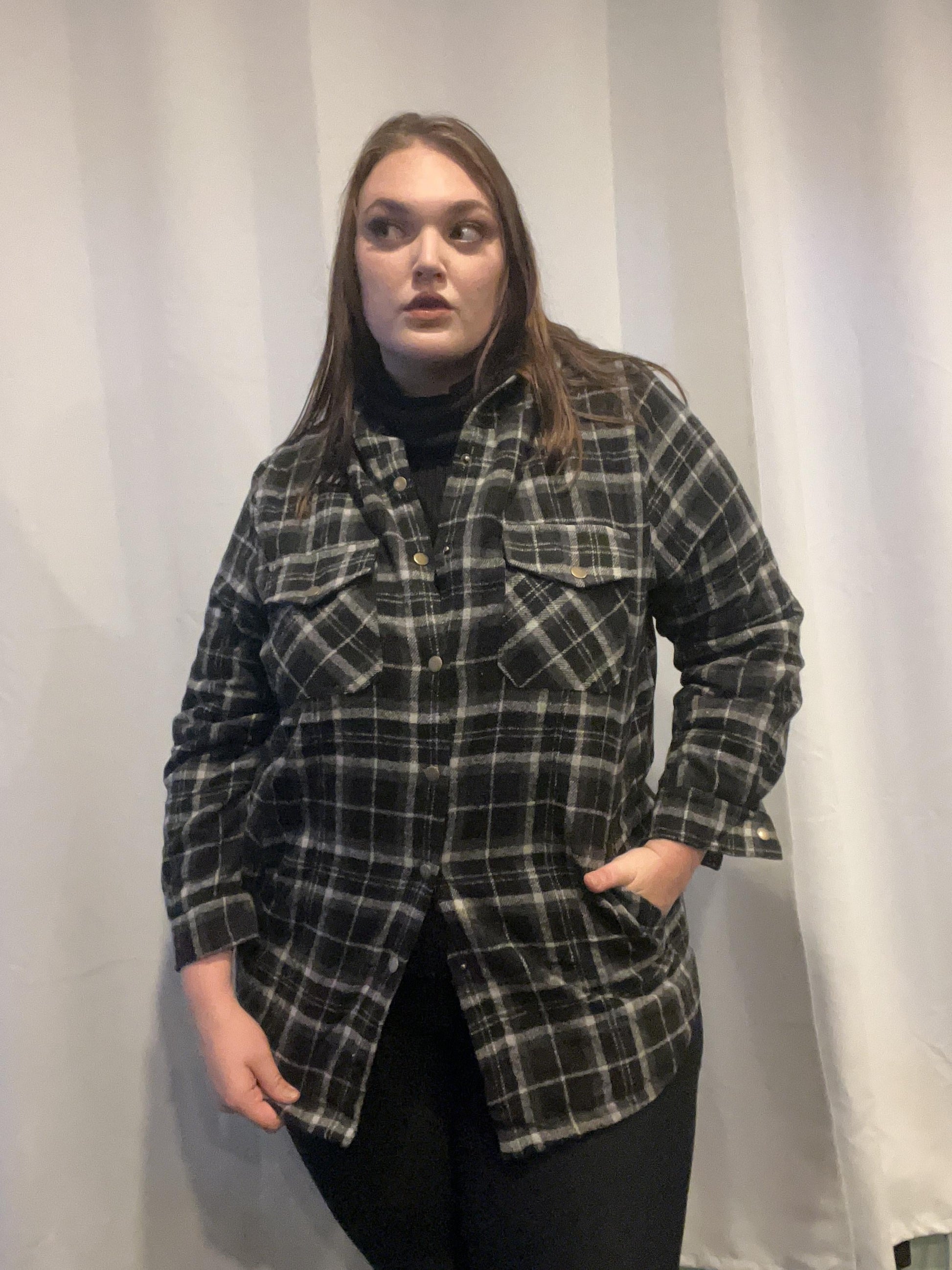 Plus Size Womens Flannel Plaid Shacket Long Sleeve Button Down Fleece Hooded Jacket Willluxe Store
