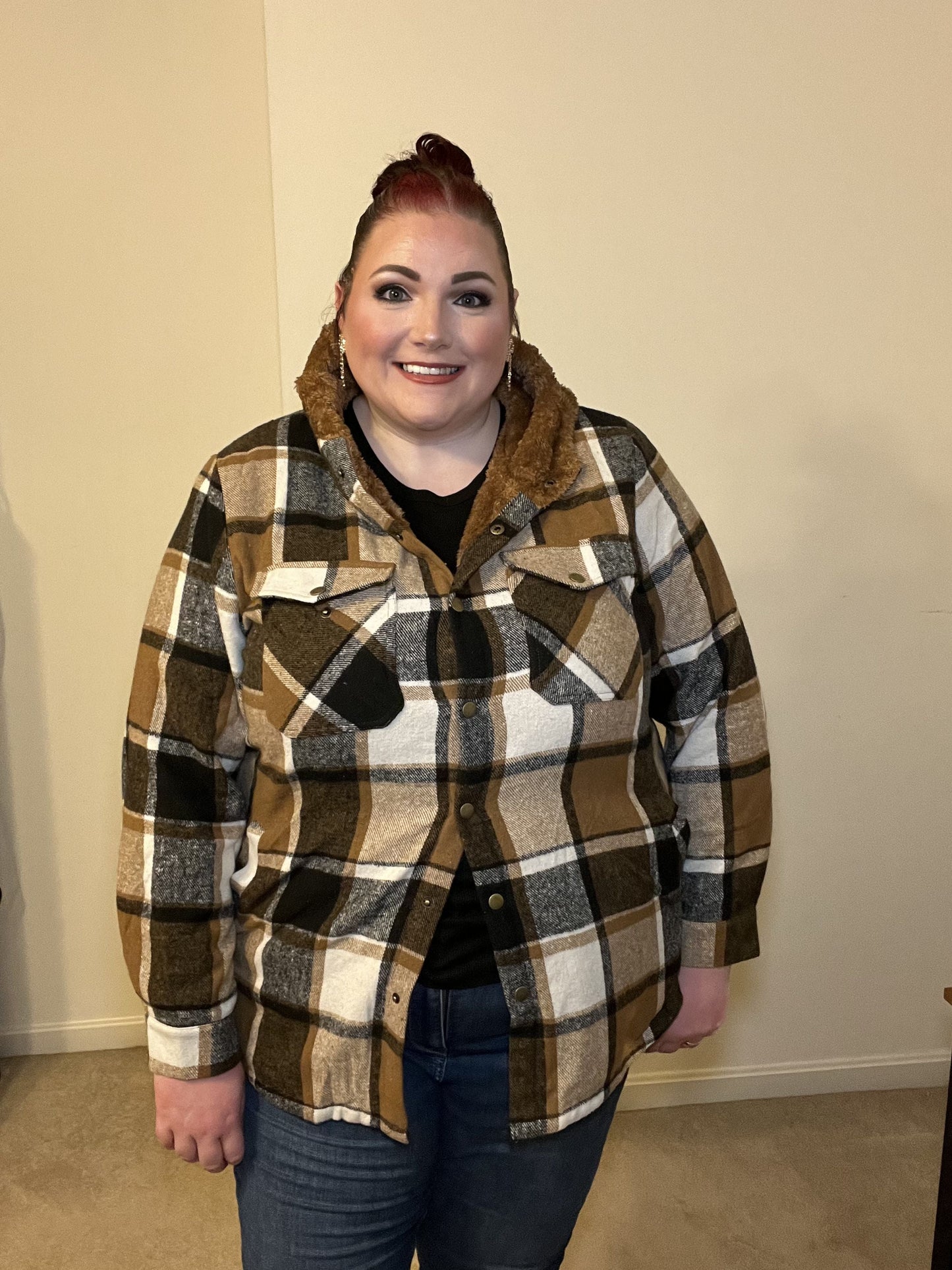 Plus Size Womens Flannel Plaid Shacket Long Sleeve Button Down Fleece Hooded Jacket Willluxe Store