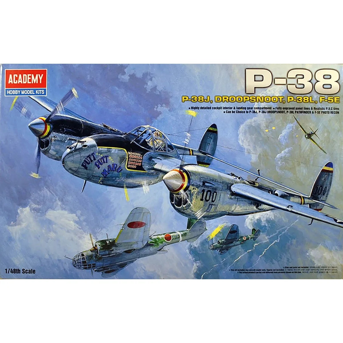 Academy 1/48 P-38 Lightning WWII Fighter Scaled Plastic Model Kit