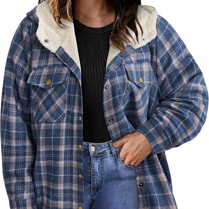 Plus Size Womens Flannel Plaid Shacket Long Sleeve Button Down Fleece Hooded Jacket Willluxe Store