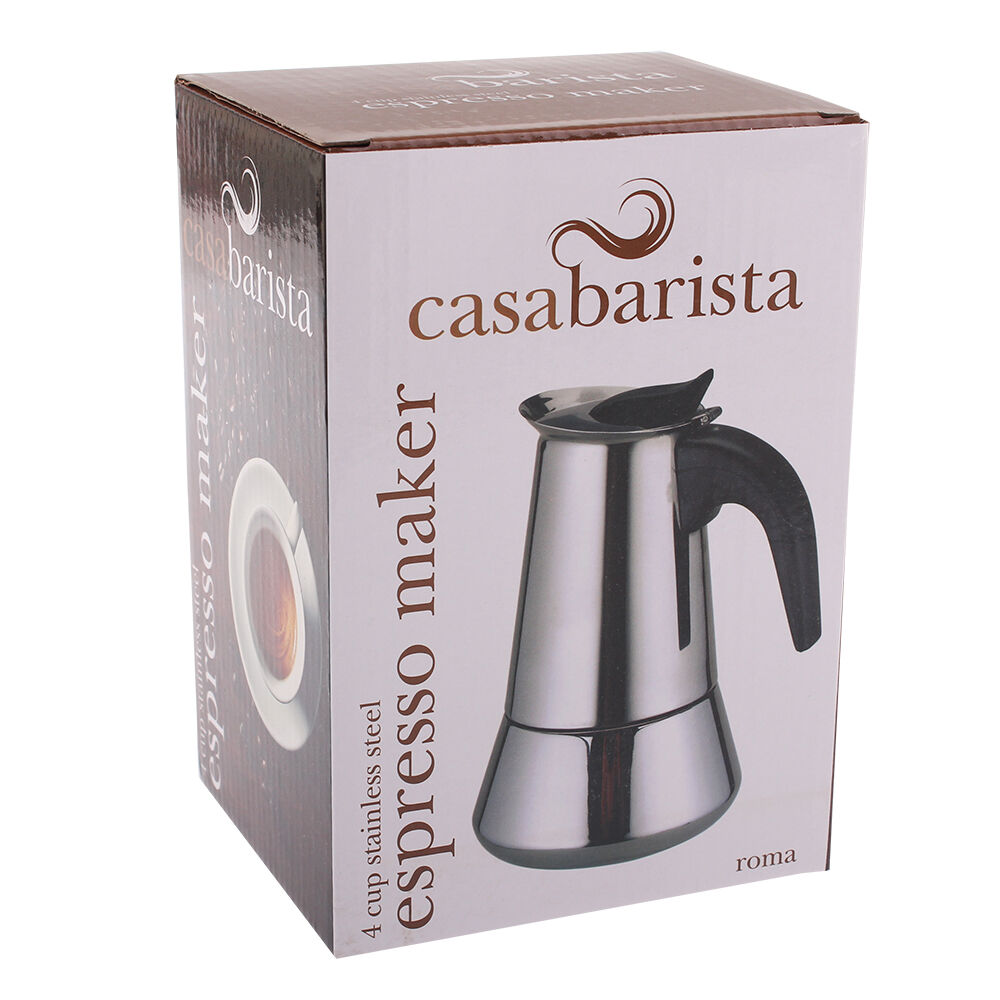 Casabarista Roma Stainless Steel 4 Cups Espresso Coffee Maker Moka Pot Silver