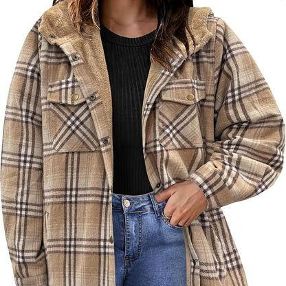 Plus Size Womens Flannel Plaid Shacket Long Sleeve Button Down Fleece Hooded Jacket Willluxe Store