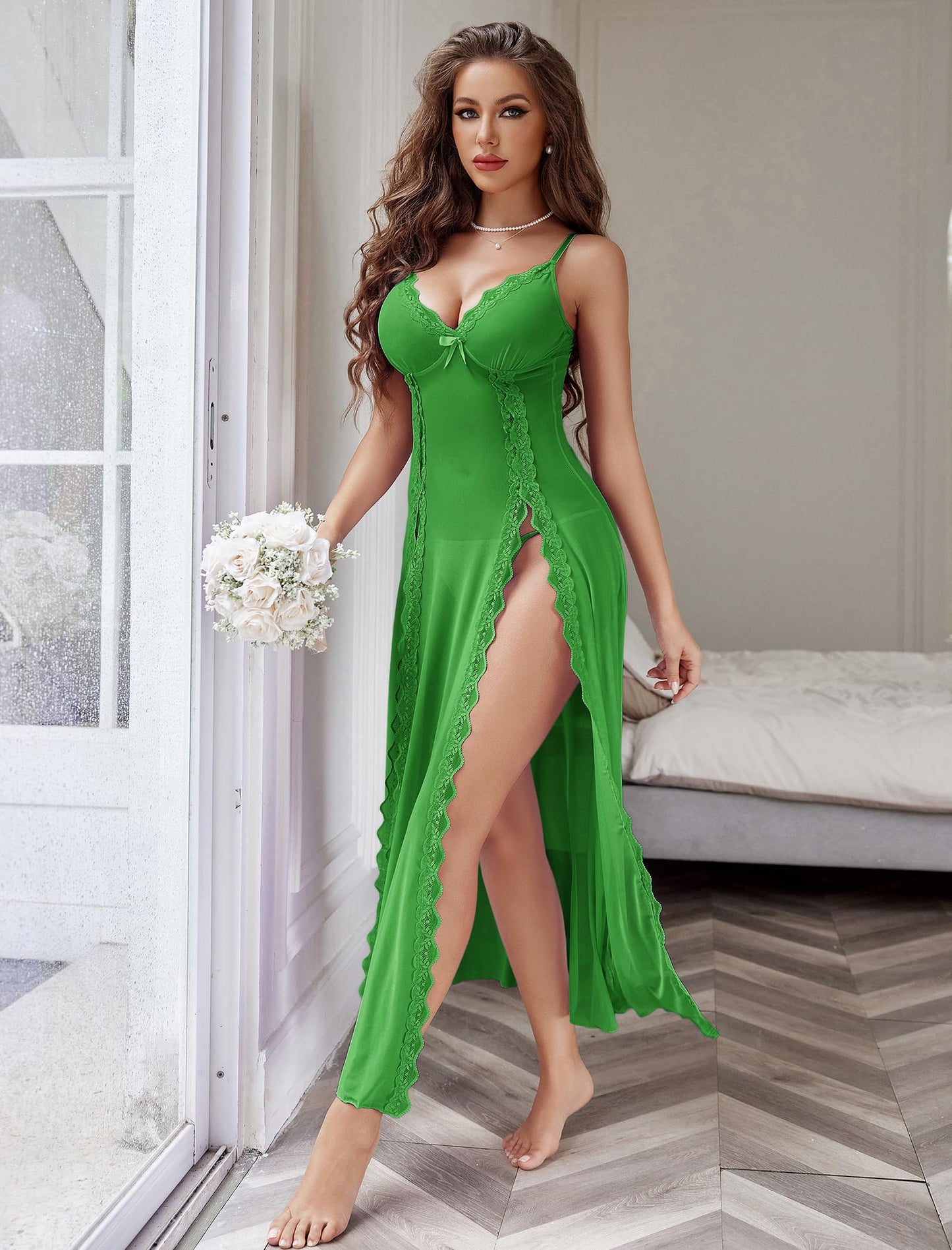 Willluxe® Lace Chemise Sexy Mesh Nightdress V Neck Side Split Nightgown Willluxe Store