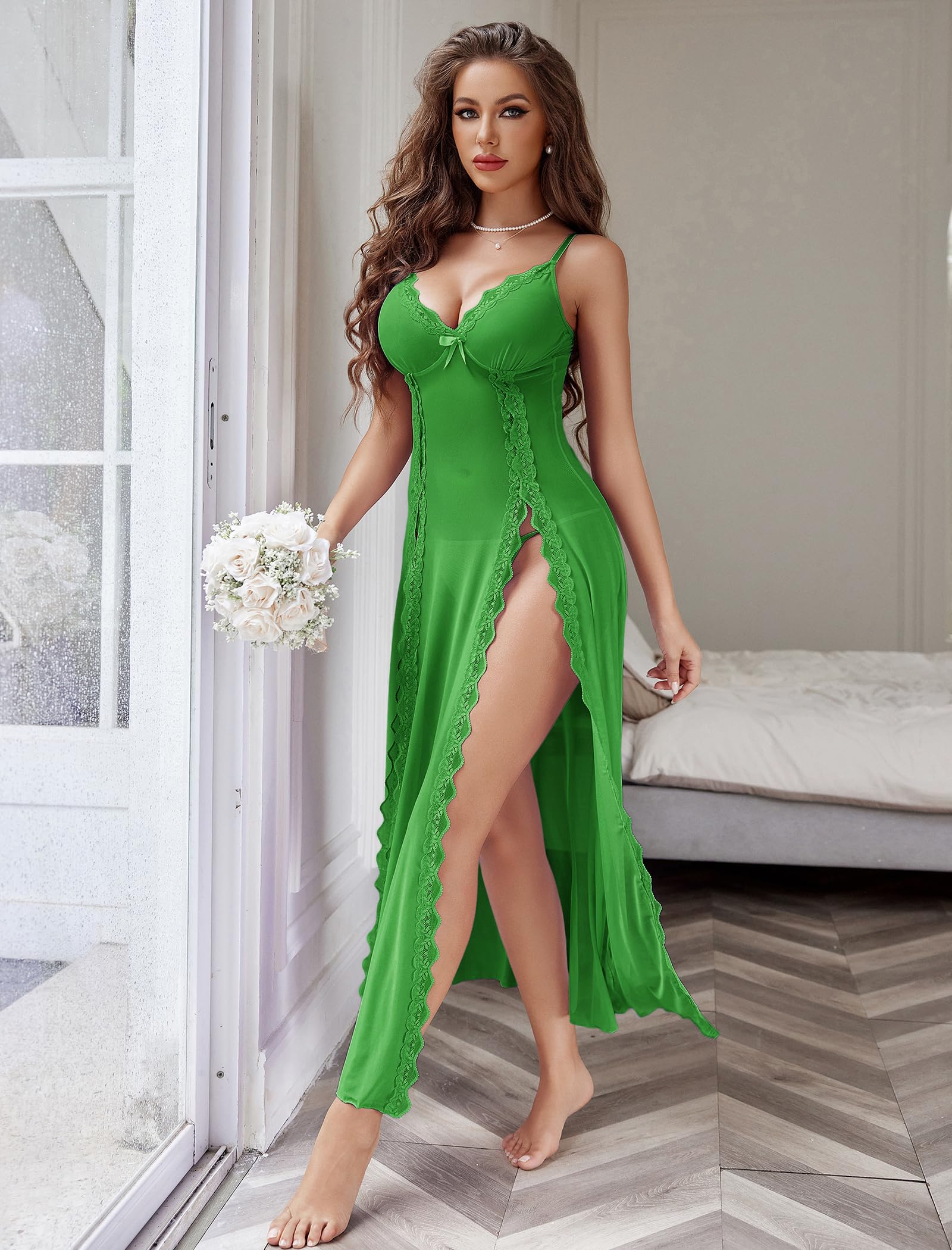 Willluxe® Lace Chemise Sexy Mesh Nightdress V Neck Side Split Nightgown Willluxe Store