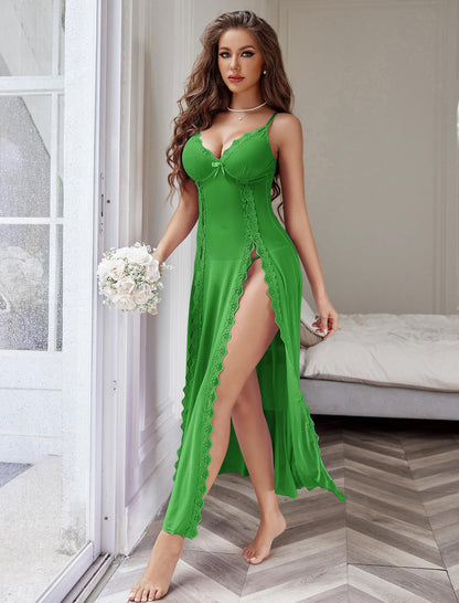 Willluxe® Lace Chemise Sexy Mesh Nightdress V Neck Side Split Nightgown Willluxe Store