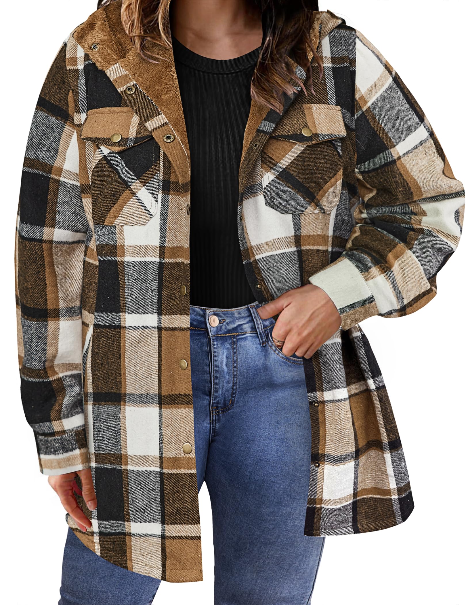 Plus Size Womens Flannel Plaid Shacket Long Sleeve Button Down Fleece Hooded Jacket Willluxe Store