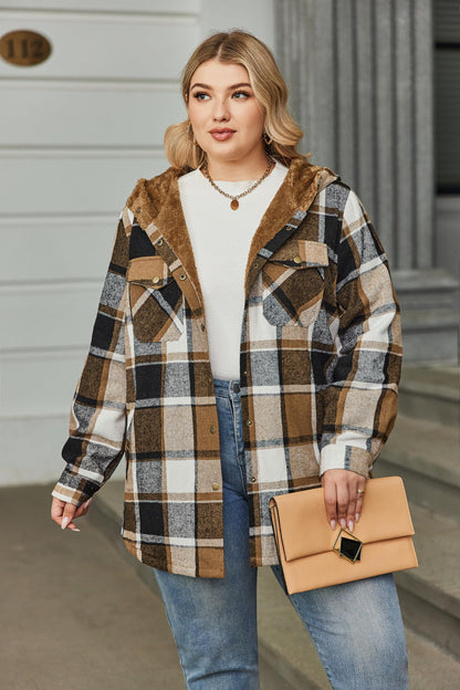 Plus Size Womens Flannel Plaid Shacket Long Sleeve Button Down Fleece Hooded Jacket Willluxe Store