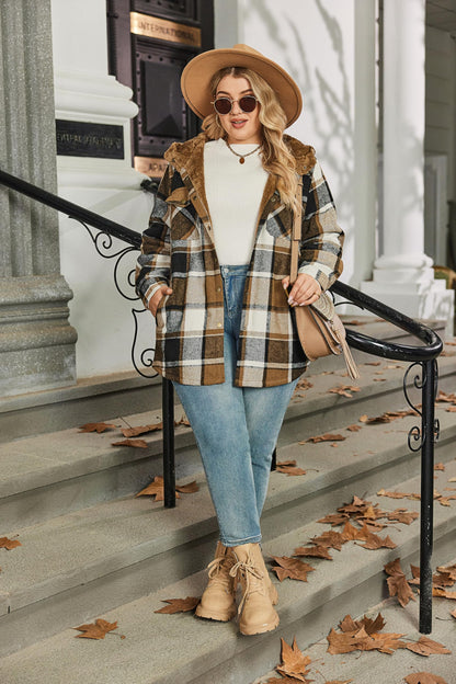 Plus Size Womens Flannel Plaid Shacket Long Sleeve Button Down Fleece Hooded Jacket Willluxe Store