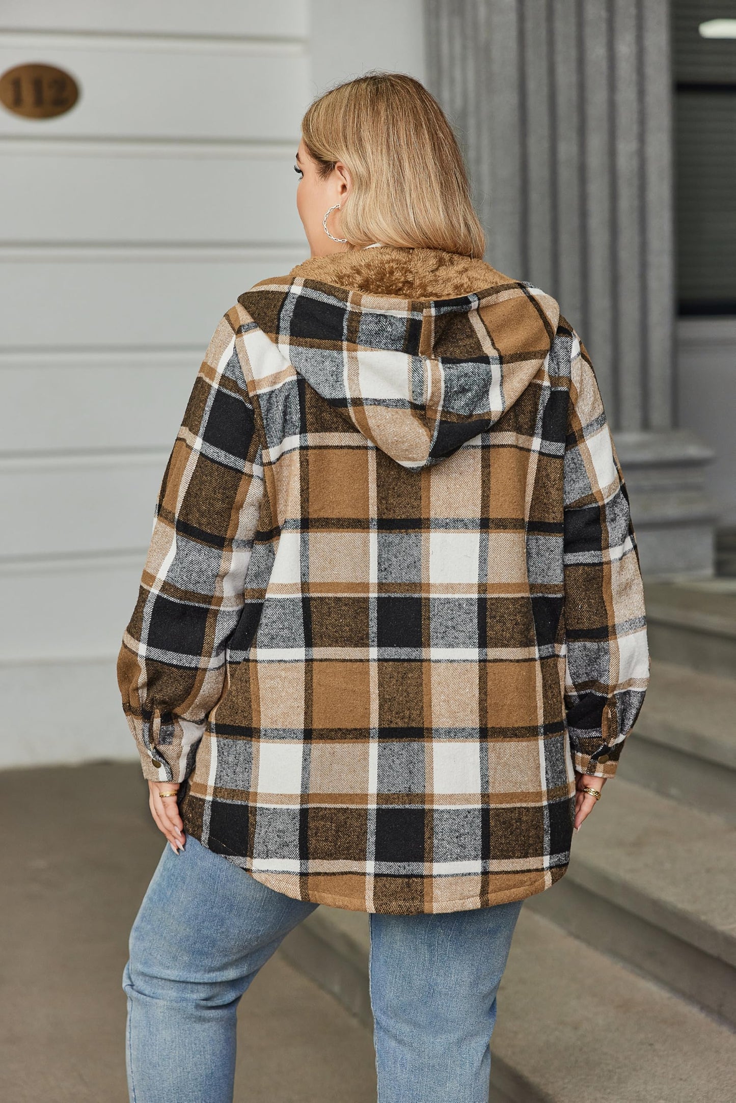 Plus Size Womens Flannel Plaid Shacket Long Sleeve Button Down Fleece Hooded Jacket Willluxe Store