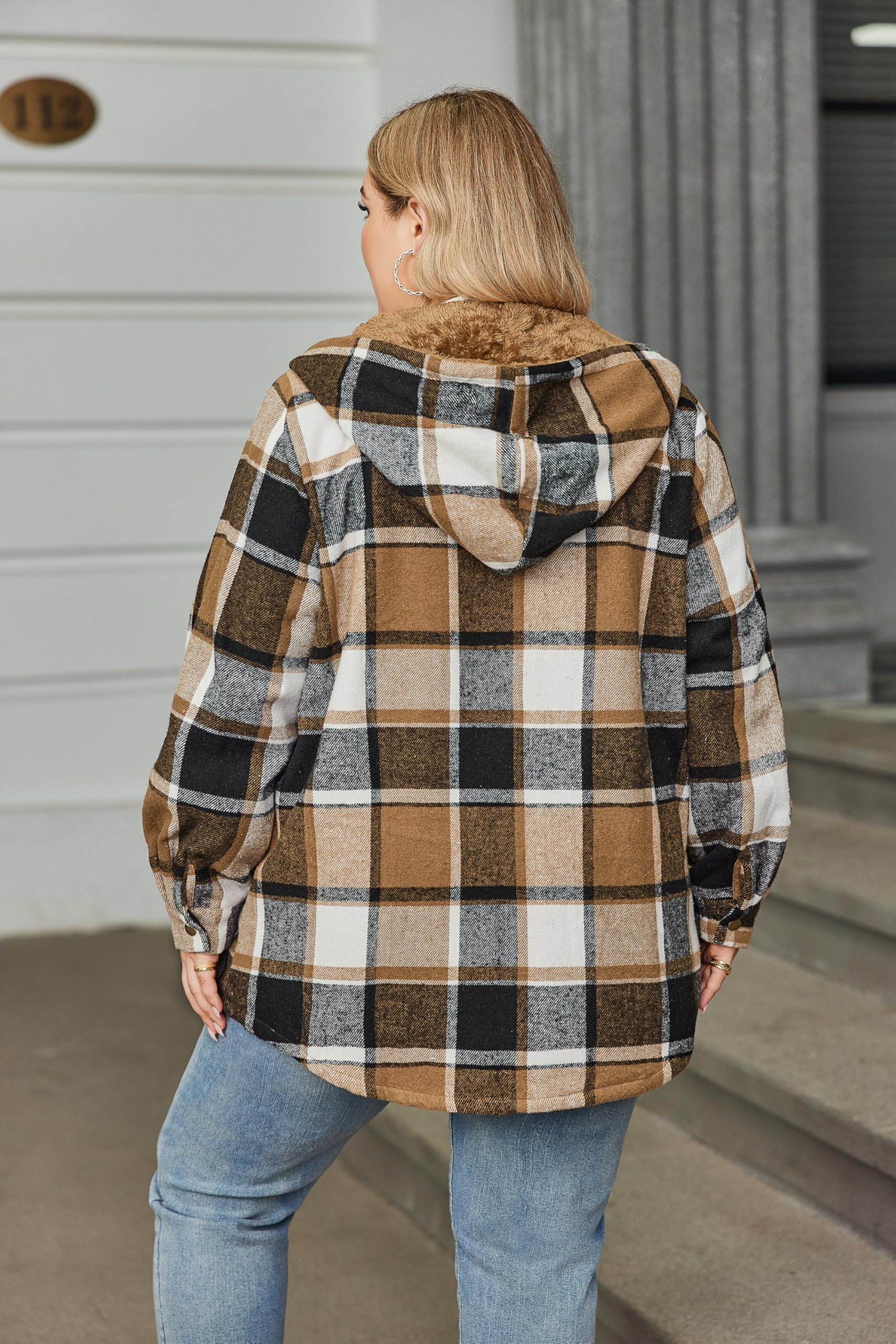 Plus Size Womens Flannel Plaid Shacket Long Sleeve Button Down Fleece Hooded Jacket Willluxe Store