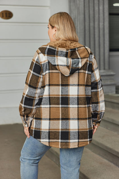Plus Size Womens Flannel Plaid Shacket Long Sleeve Button Down Fleece Hooded Jacket Willluxe Store