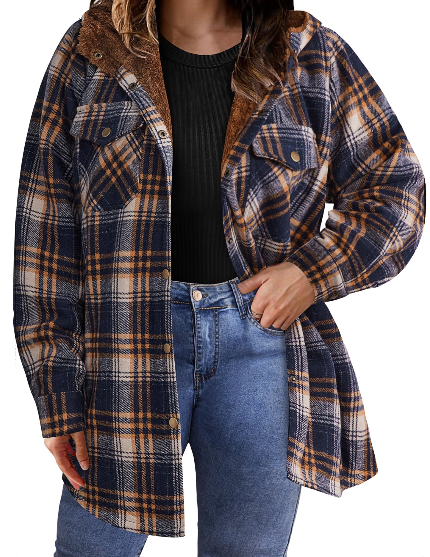 Plus Size Womens Flannel Plaid Shacket Long Sleeve Button Down Fleece Hooded Jacket Willluxe Store