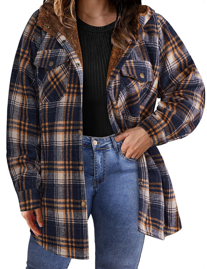 Plus Size Womens Flannel Plaid Shacket Long Sleeve Button Down Fleece Hooded Jacket Willluxe Store