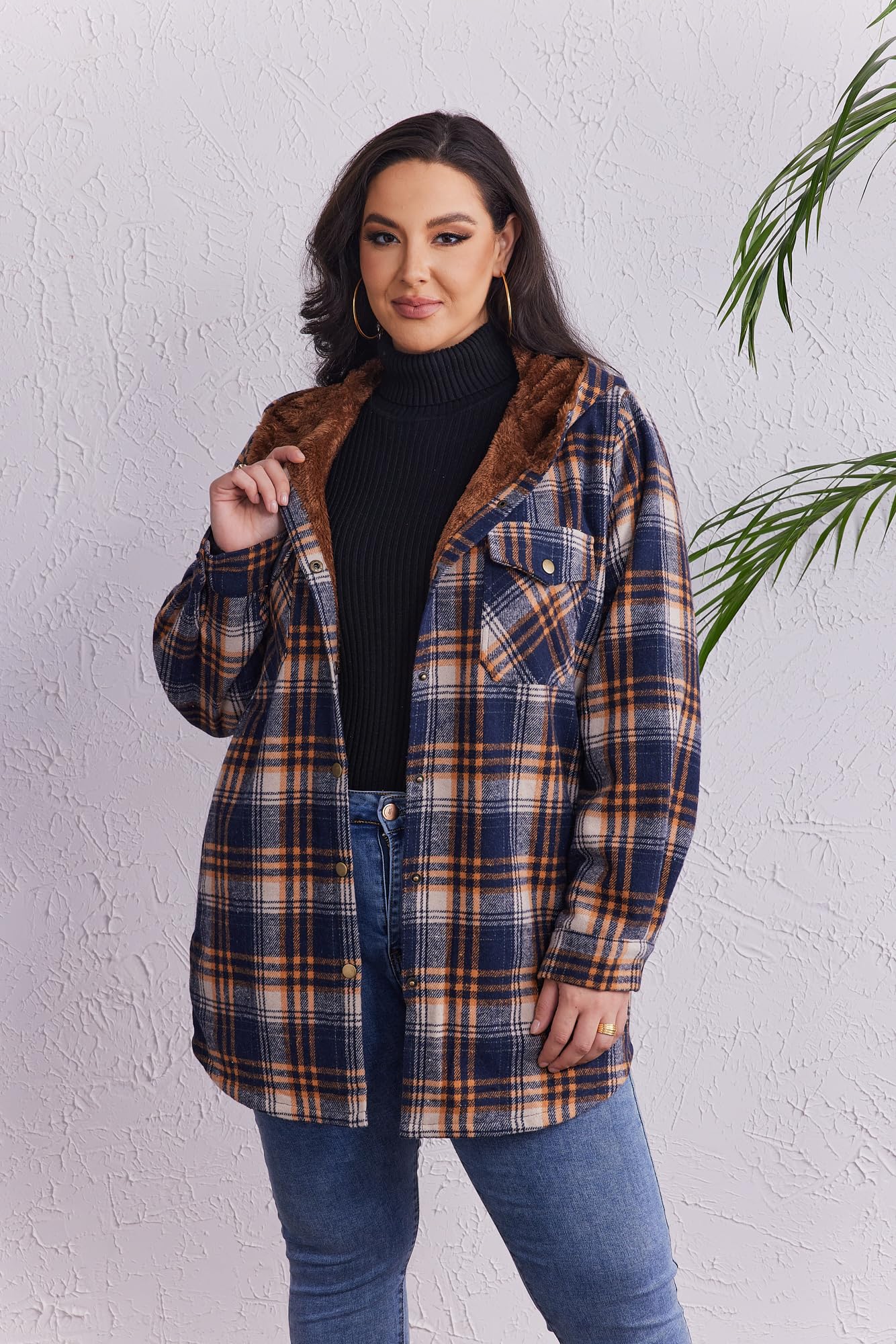 Plus Size Womens Flannel Plaid Shacket Long Sleeve Button Down Fleece Hooded Jacket Willluxe Store