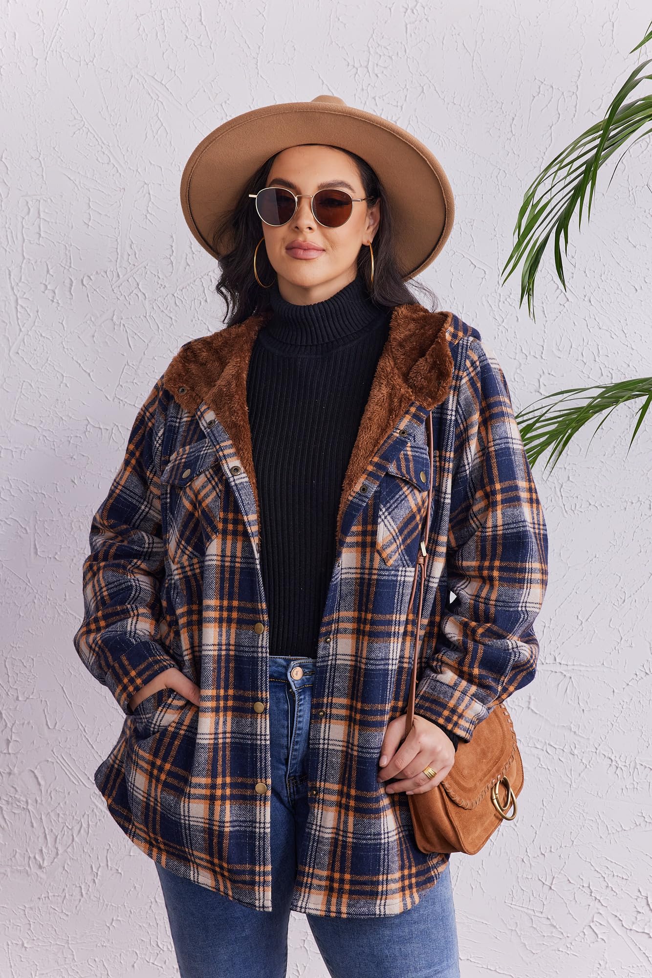 Plus Size Womens Flannel Plaid Shacket Long Sleeve Button Down Fleece Hooded Jacket Willluxe Store