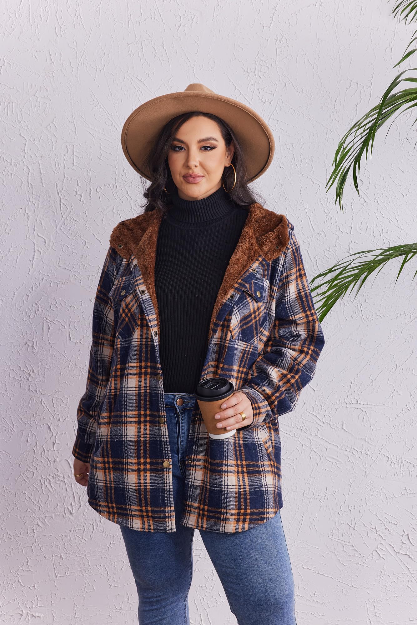 Plus Size Womens Flannel Plaid Shacket Long Sleeve Button Down Fleece Hooded Jacket Willluxe Store