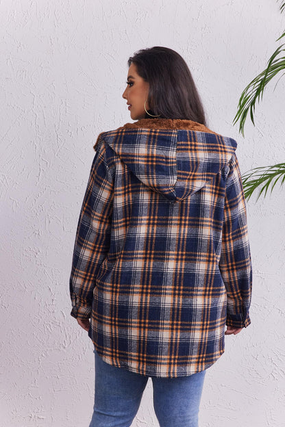 Plus Size Womens Flannel Plaid Shacket Long Sleeve Button Down Fleece Hooded Jacket Willluxe Store