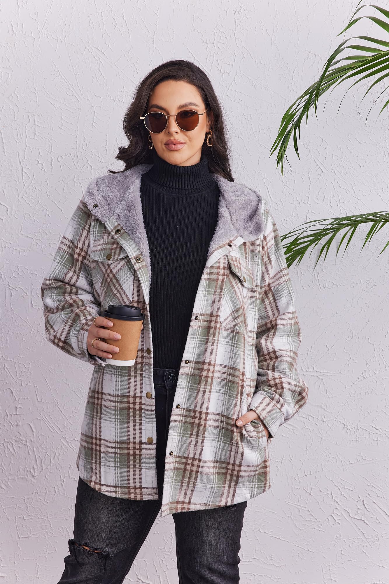 Plus Size Womens Flannel Plaid Shacket Long Sleeve Button Down Fleece Hooded Jacket Willluxe Store