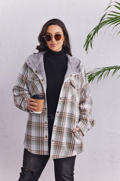 Plus Size Womens Flannel Plaid Shacket Long Sleeve Button Down Fleece Hooded Jacket Willluxe Store