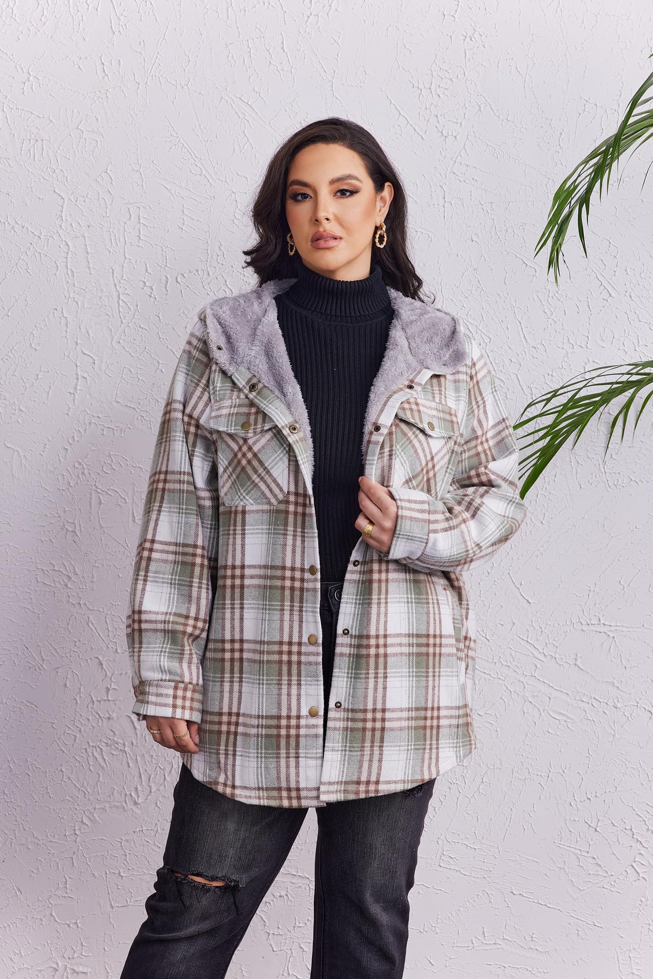 Plus Size Womens Flannel Plaid Shacket Long Sleeve Button Down Fleece Hooded Jacket Willluxe Store