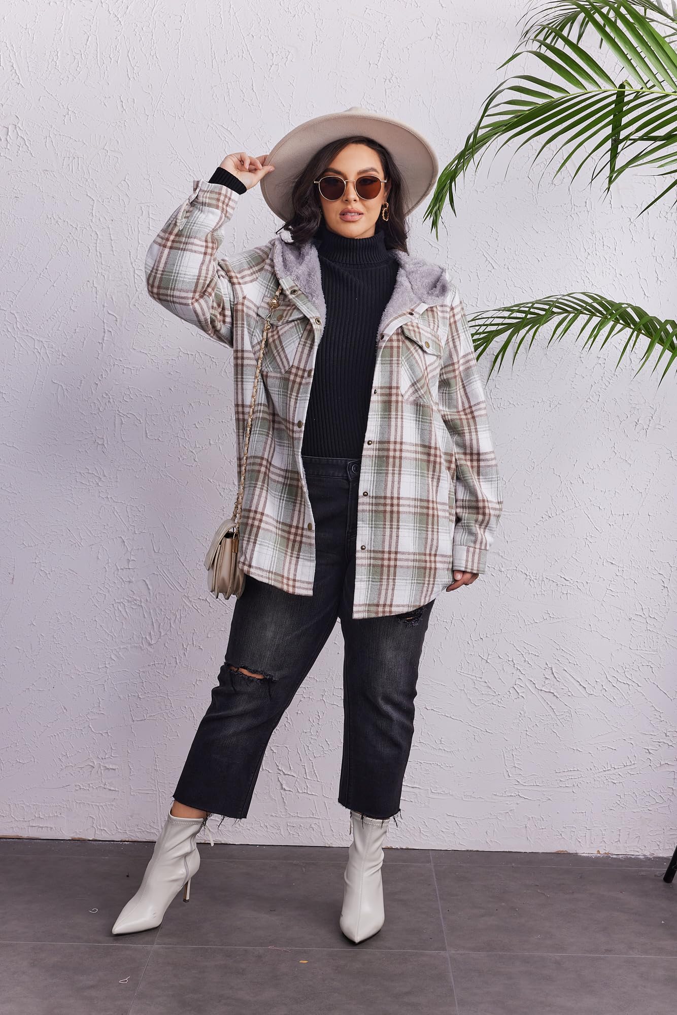 Plus Size Womens Flannel Plaid Shacket Long Sleeve Button Down Fleece Hooded Jacket Willluxe Store