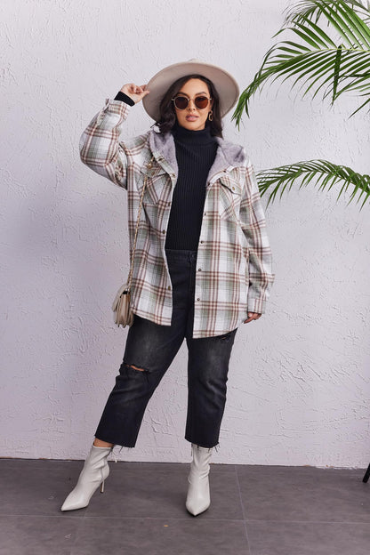 Plus Size Womens Flannel Plaid Shacket Long Sleeve Button Down Fleece Hooded Jacket Willluxe Store
