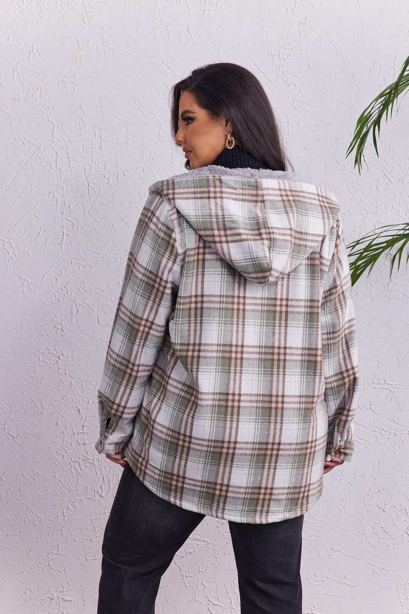 Plus Size Womens Flannel Plaid Shacket Long Sleeve Button Down Fleece Hooded Jacket Willluxe Store
