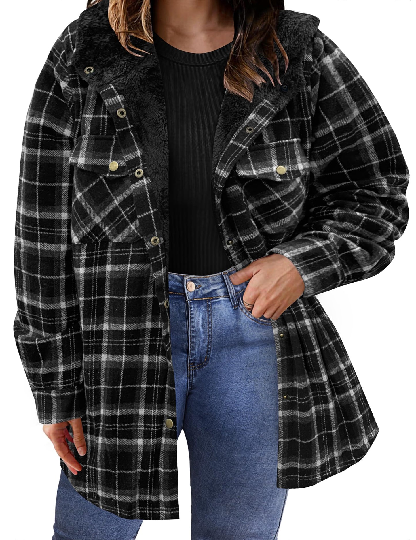 Plus Size Womens Flannel Plaid Shacket Long Sleeve Button Down Fleece Hooded Jacket Willluxe Store