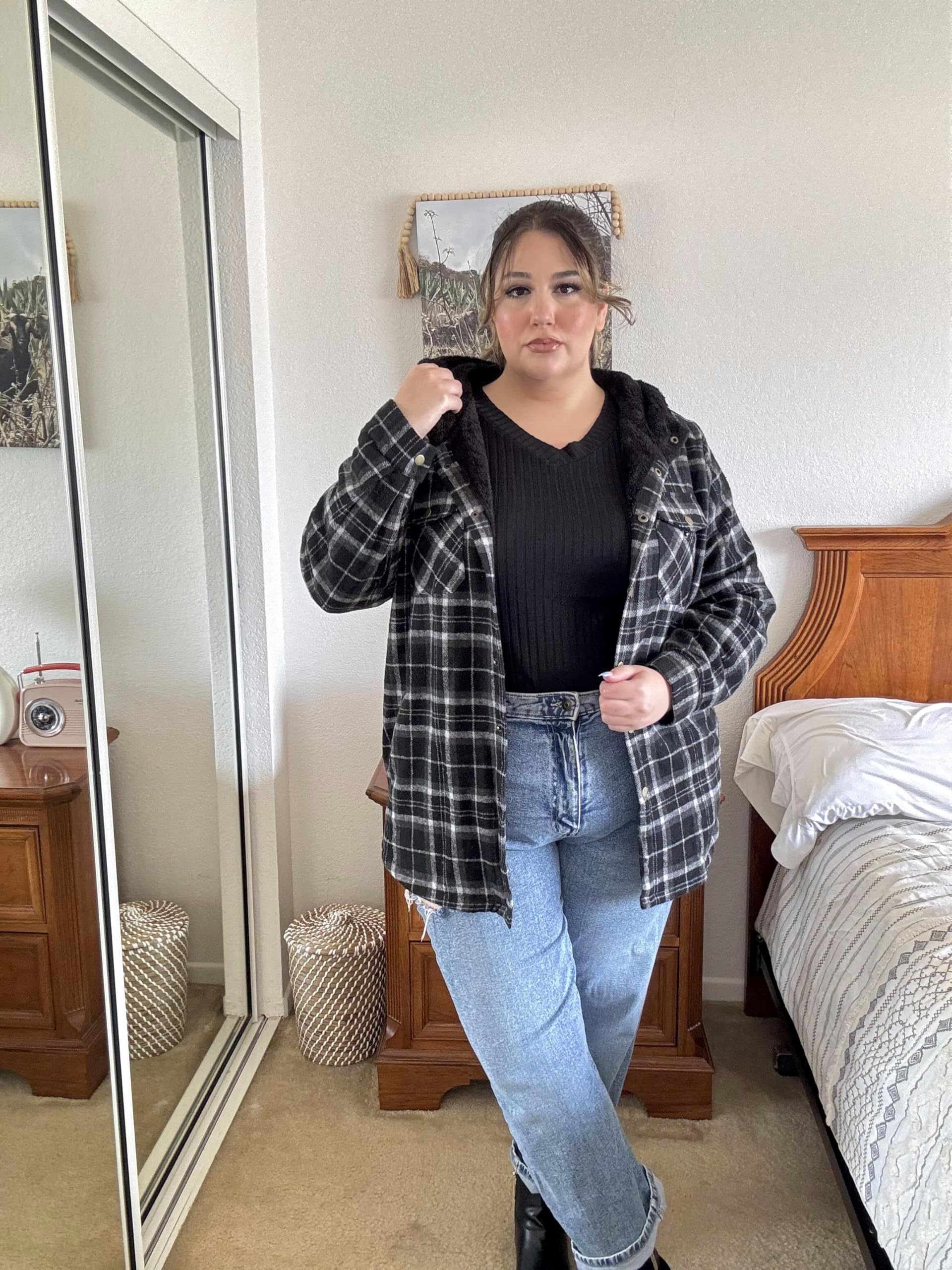 Plus Size Womens Flannel Plaid Shacket Long Sleeve Button Down Fleece Hooded Jacket Willluxe Store