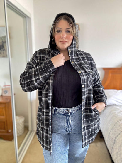 Plus Size Womens Flannel Plaid Shacket Long Sleeve Button Down Fleece Hooded Jacket Willluxe Store