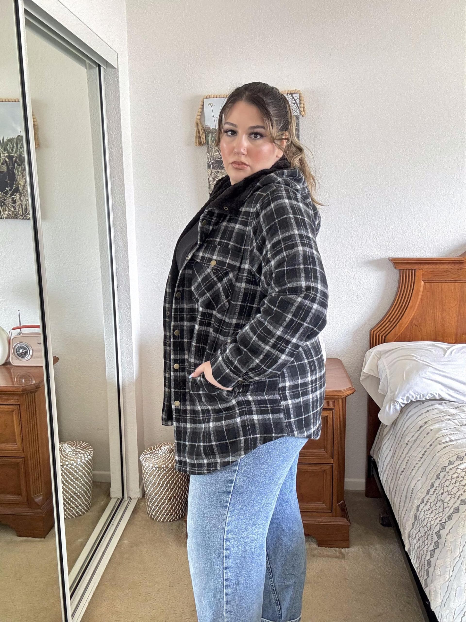 Plus Size Womens Flannel Plaid Shacket Long Sleeve Button Down Fleece Hooded Jacket Willluxe Store