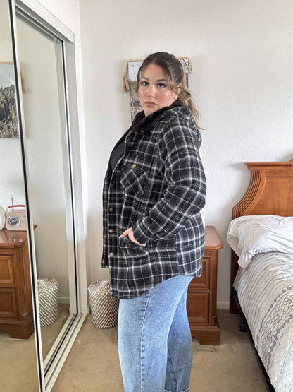 Plus Size Womens Flannel Plaid Shacket Long Sleeve Button Down Fleece Hooded Jacket Willluxe Store
