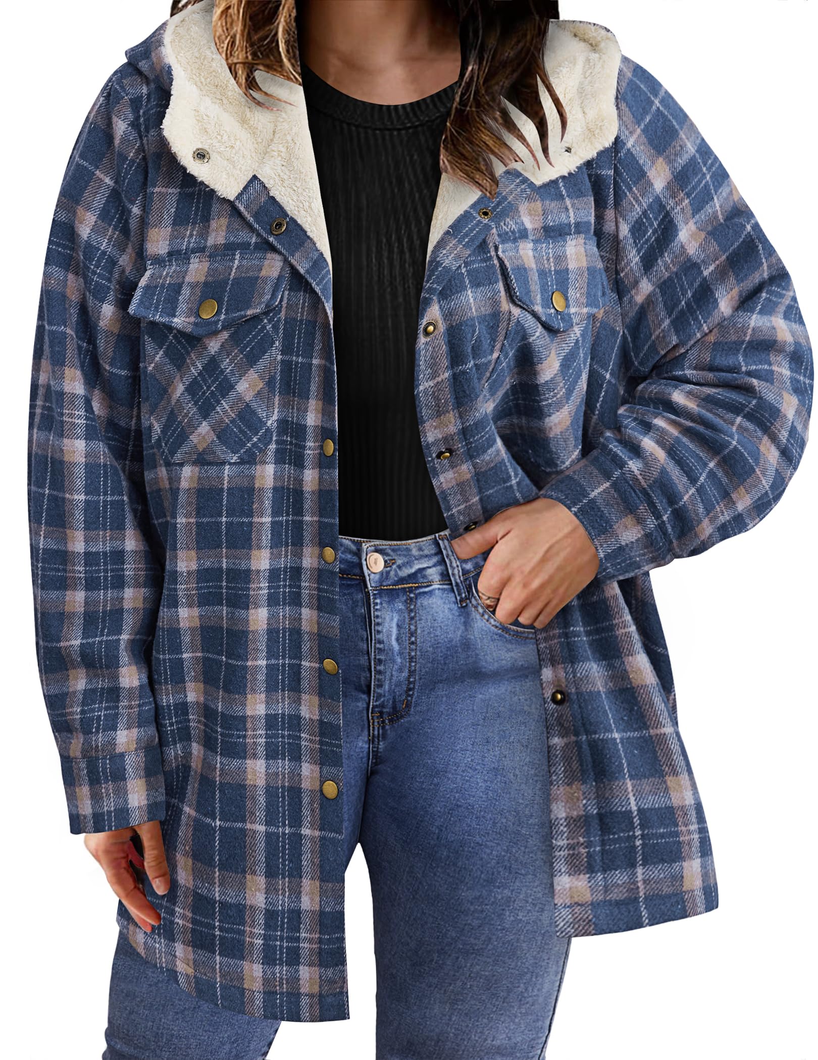 Plus Size Womens Flannel Plaid Shacket Long Sleeve Button Down Fleece Hooded Jacket Willluxe Store