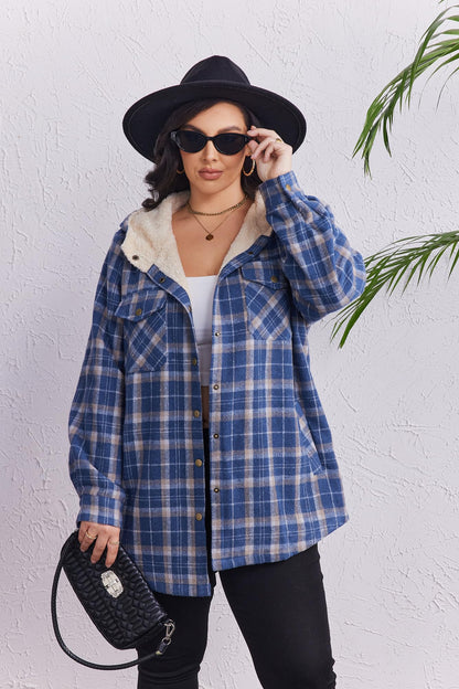 Plus Size Womens Flannel Plaid Shacket Long Sleeve Button Down Fleece Hooded Jacket Willluxe Store