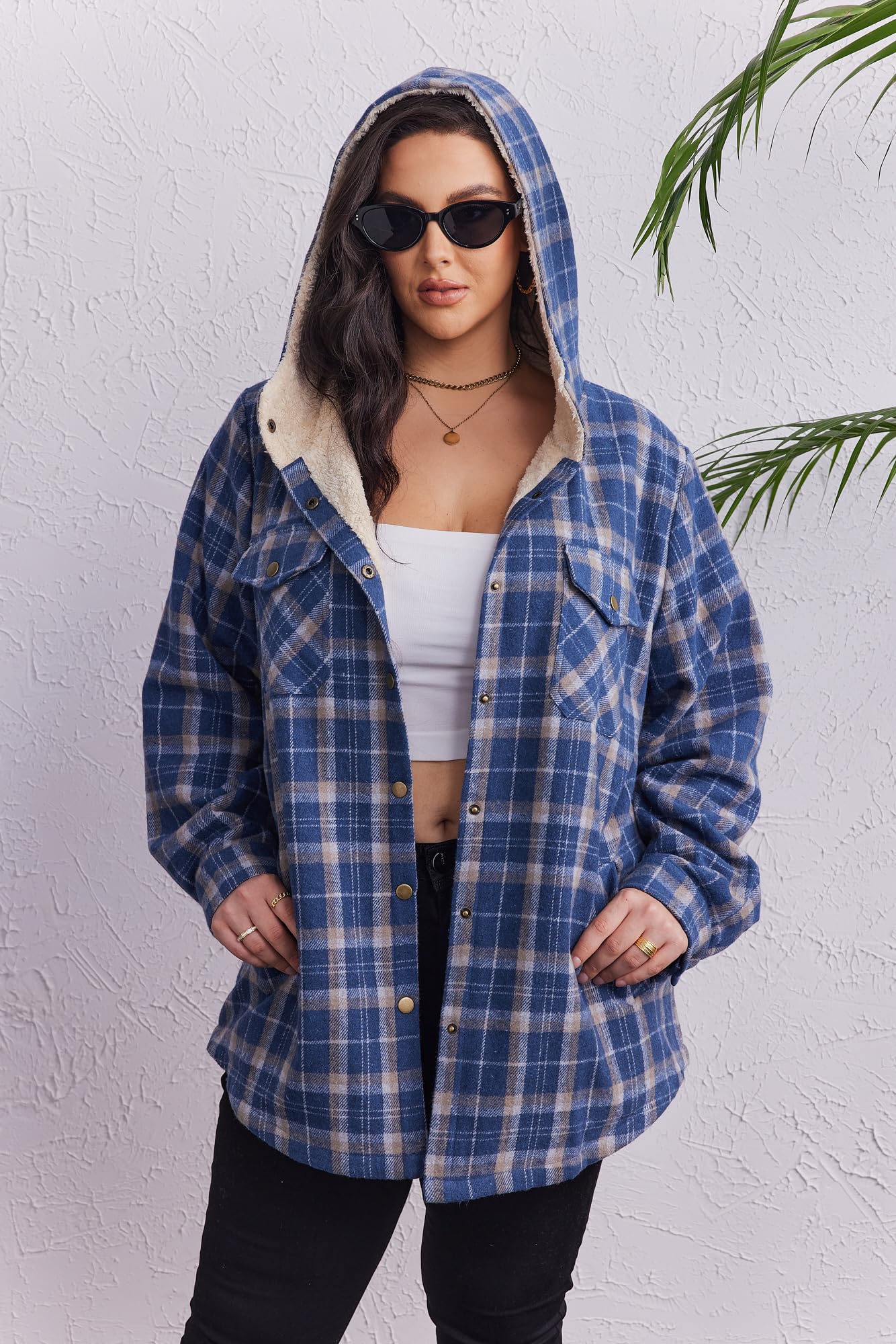 Plus Size Womens Flannel Plaid Shacket Long Sleeve Button Down Fleece Hooded Jacket Willluxe Store