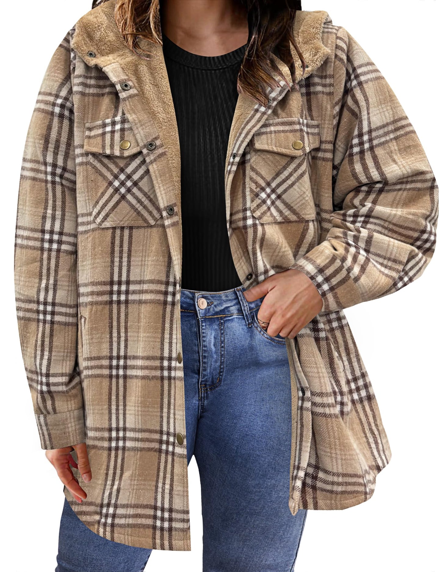Plus Size Womens Flannel Plaid Shacket Long Sleeve Button Down Fleece Hooded Jacket Willluxe Store