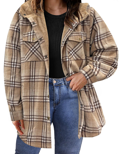 Plus Size Womens Flannel Plaid Shacket Long Sleeve Button Down Fleece Hooded Jacket Willluxe Store