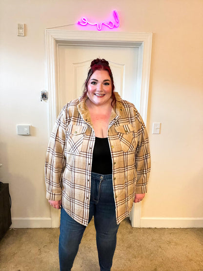 Plus Size Womens Flannel Plaid Shacket Long Sleeve Button Down Fleece Hooded Jacket Willluxe Store