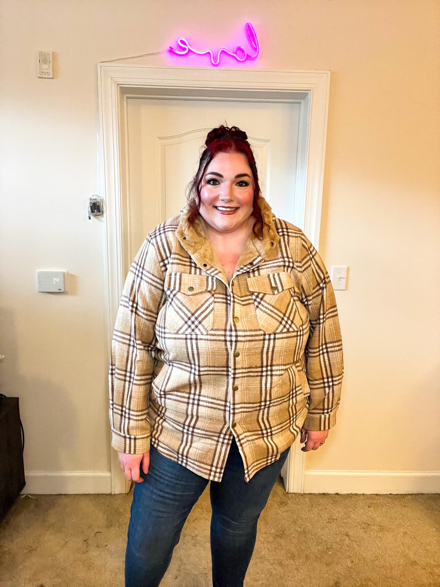 Plus Size Womens Flannel Plaid Shacket Long Sleeve Button Down Fleece Hooded Jacket Willluxe Store