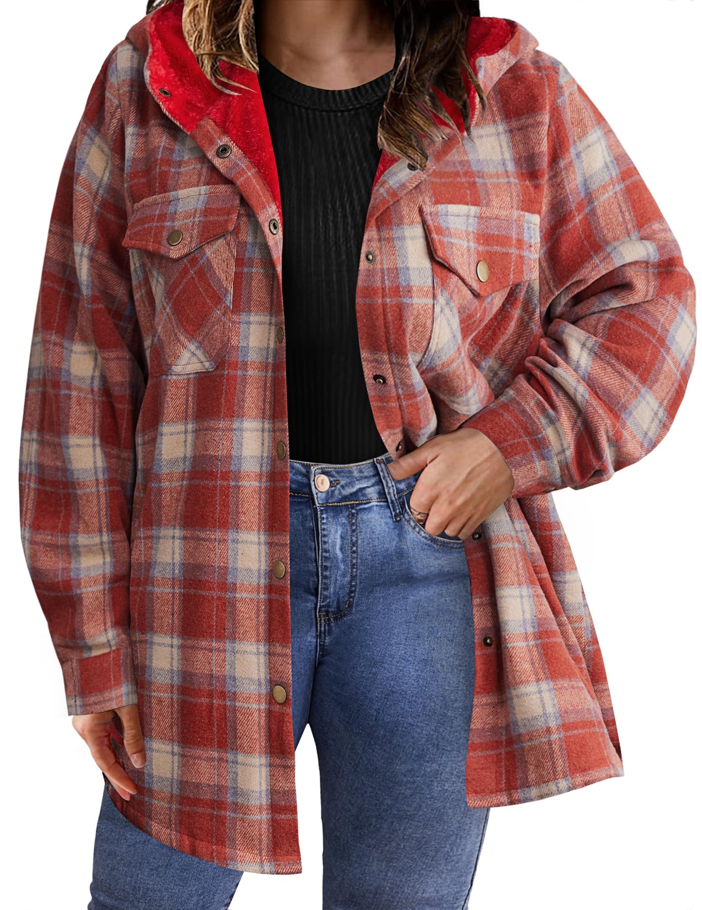 Plus Size Womens Flannel Plaid Shacket Long Sleeve Button Down Fleece Hooded Jacket Willluxe Store