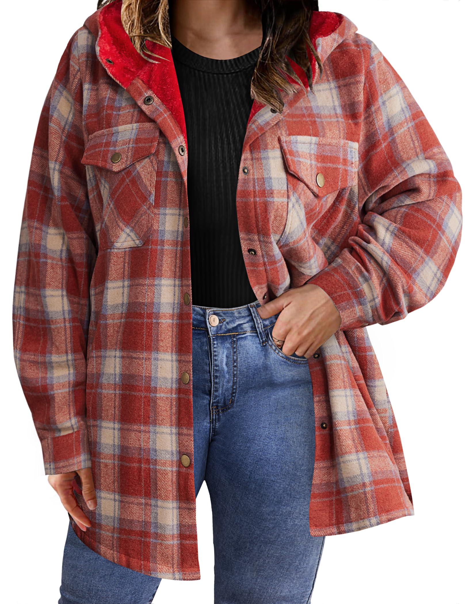 Plus Size Womens Flannel Plaid Shacket Long Sleeve Button Down Fleece Hooded Jacket Willluxe Store
